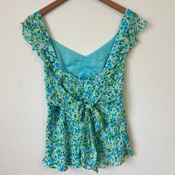 Ann Taylor Top Womens 14 Blue Green Floral Ruffle Sleeveless Silk Career Tank - Picture 7 of 9